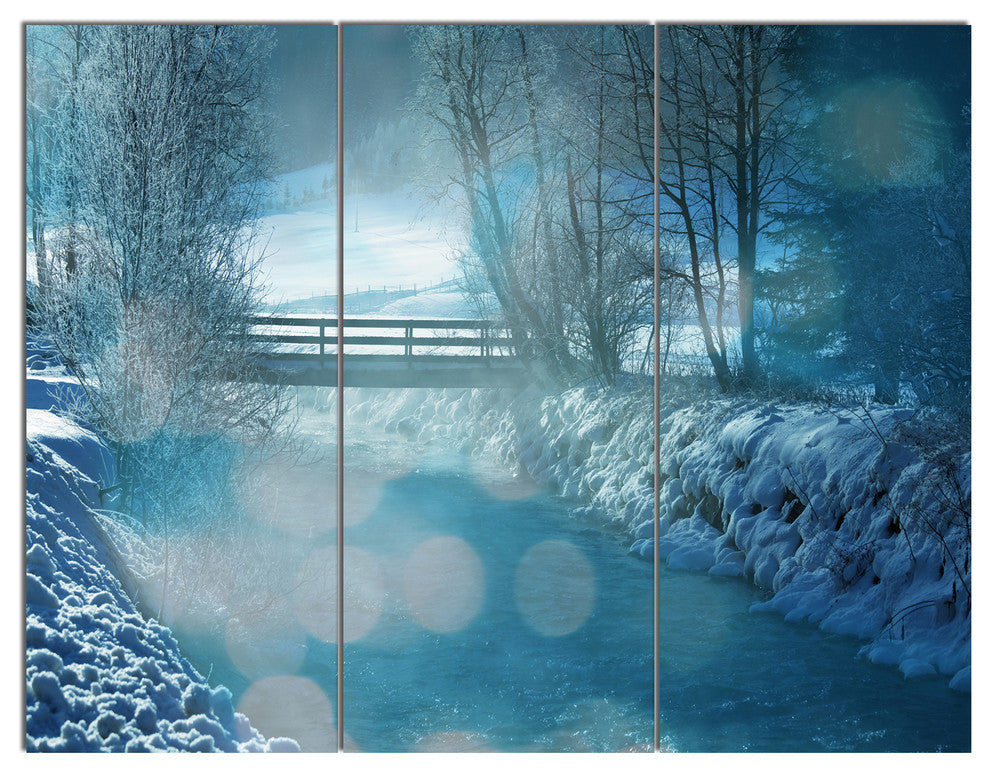 Beautiful Winter River View, Landscape Triptych Canvas Art, 36x28, 3 Panels