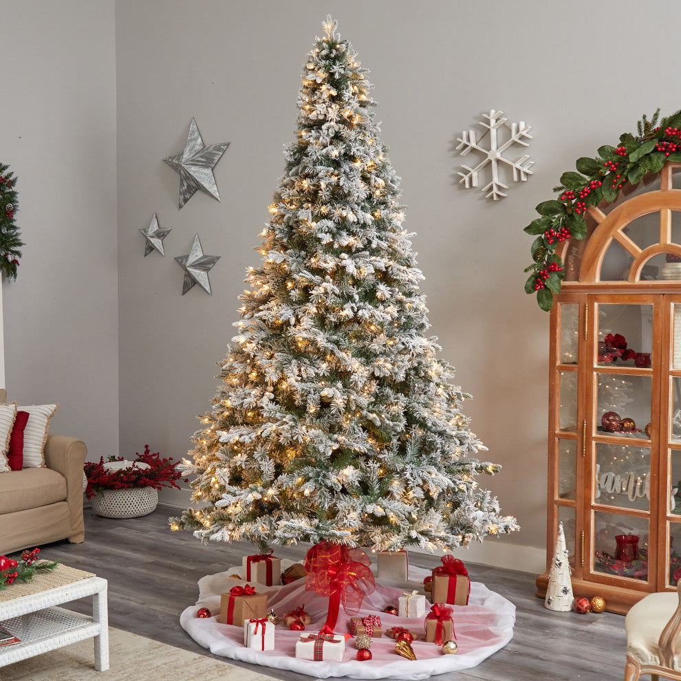 10' Flocked Vermont Mixed Pine Artificial Christmas Tree With 800 LED Lights
