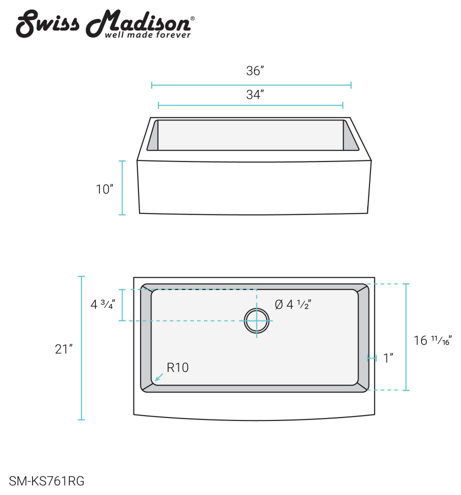 Rivage 36"x21" Stainless Steel Single Basin Farmhouse Apron Sink, Rose Gold
