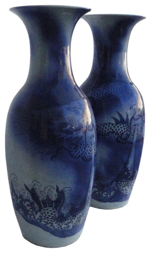Chinese Porcelain Blue And White Tall Vase, 2-Piece Set