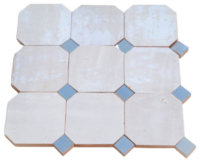 Contemporary Zellige Tile, Off-White With Blue, 8-Panels 12x12"