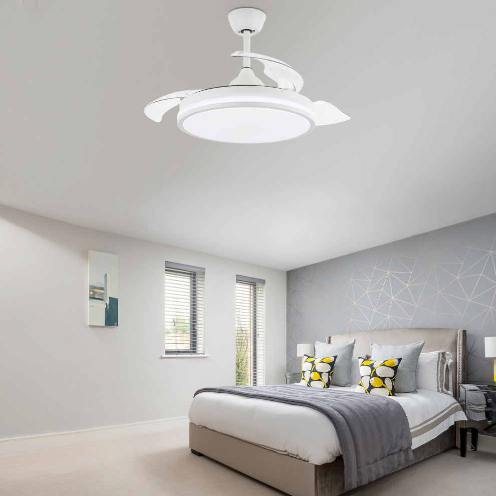 36W Reversible Ceiling Fan with Retractable Blades and Remote Control, White
