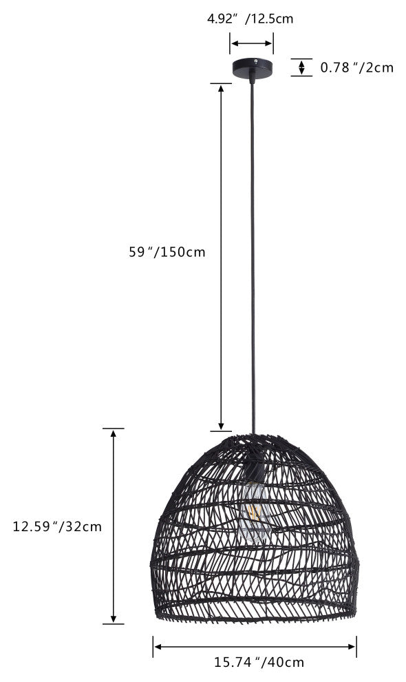 1-Light Hand Weave Cane Rib Bell Shape Pendant Lighting Chandelier, Black