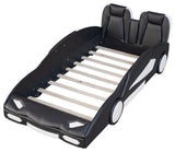 Gewnee Twin Size Race Car-Shaped Platform Bed with Wheels in White, Black