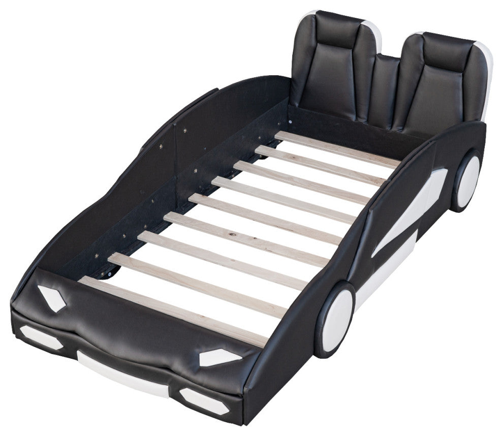 Gewnee Twin Size Race Car-Shaped Platform Bed with Wheels in White, Black