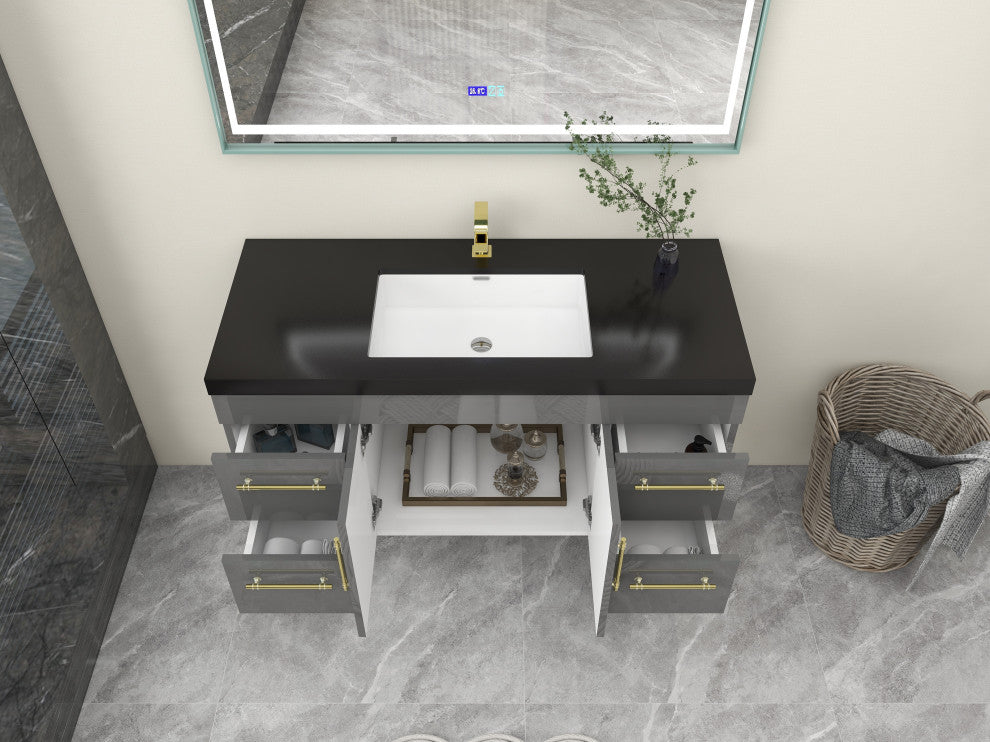 Rosa 48" Wall Mounted Modern Vanity, High Gloss Gray, Matt Black Top