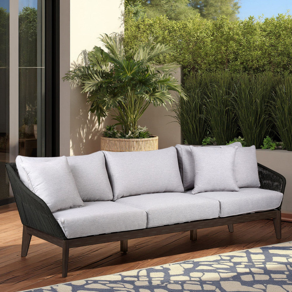 Athos Outdoor 3 Seater Sofa With Latte Rope and Gray Cushions, Dark Eucalyptus