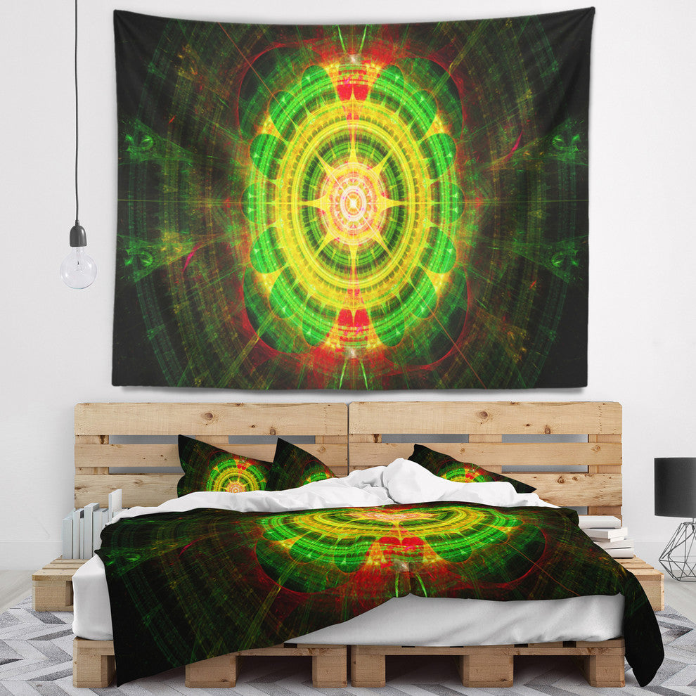 Bright Green Fractal Sphere Abstract Wall Tapestry, 60"x50"