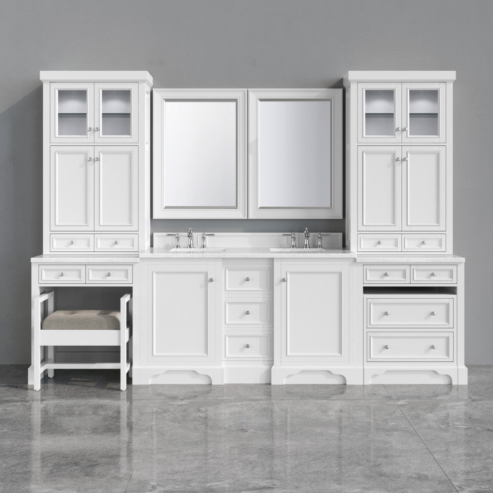 De Soto 120" Bright White Double Vanity Suite, 3cm Jasmine Pearl Top