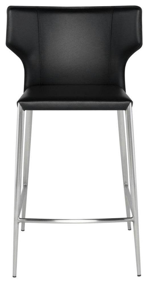 Wayne Counter Stool, Black Leather, Brushed Stainless Steel Legs