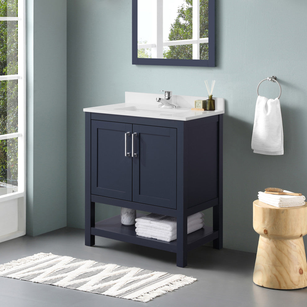 Ove Decors Vegas Single Sink Bathroom Vanity Set With Countertop, White, Midnight Blue, 30"