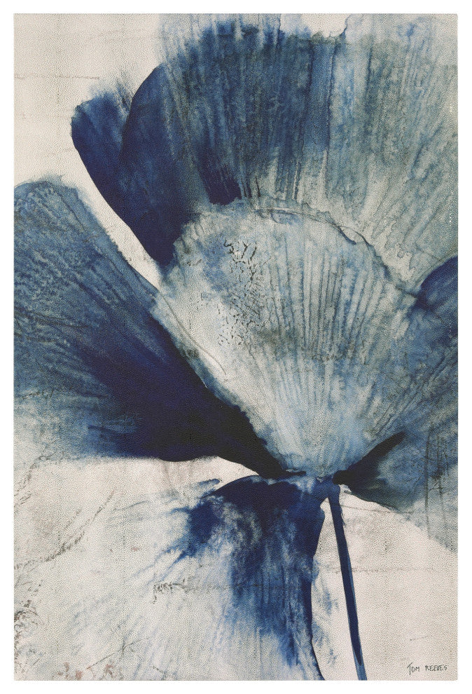 "Azure Bloom" Blue Flower Rendered on Gold Shagreen Wrapped Canvas Wall Art
