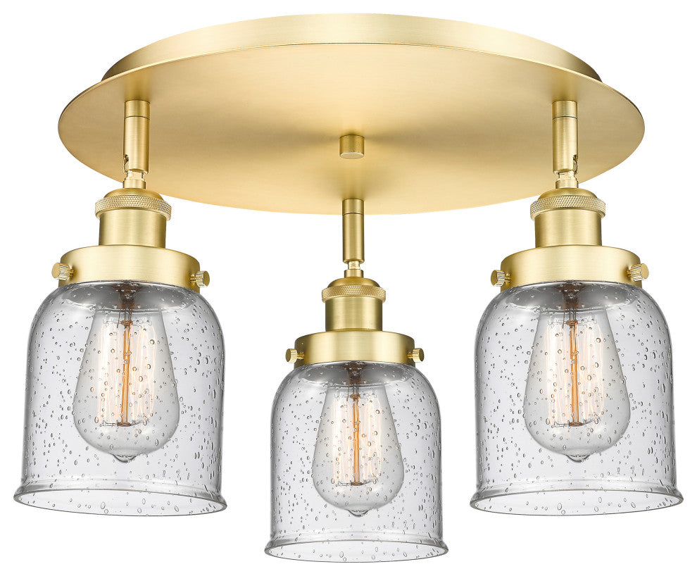 Bell-3 Light 17" Flush Mount-Satin Gold, Seedy Glass Shade