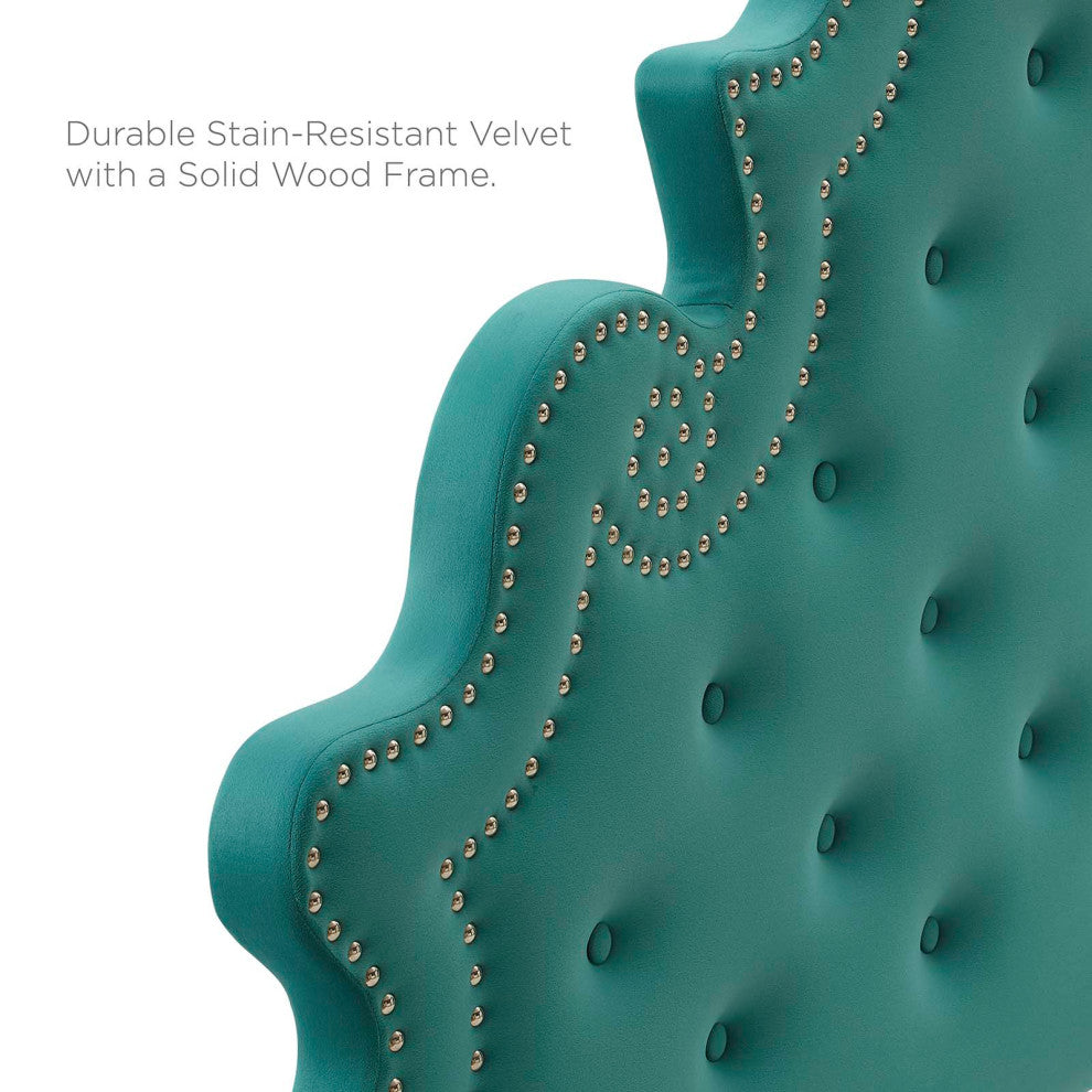 Tufted Platform Bed Frame, Full Size, Velvet, Teal Blue, Modern Contemporary