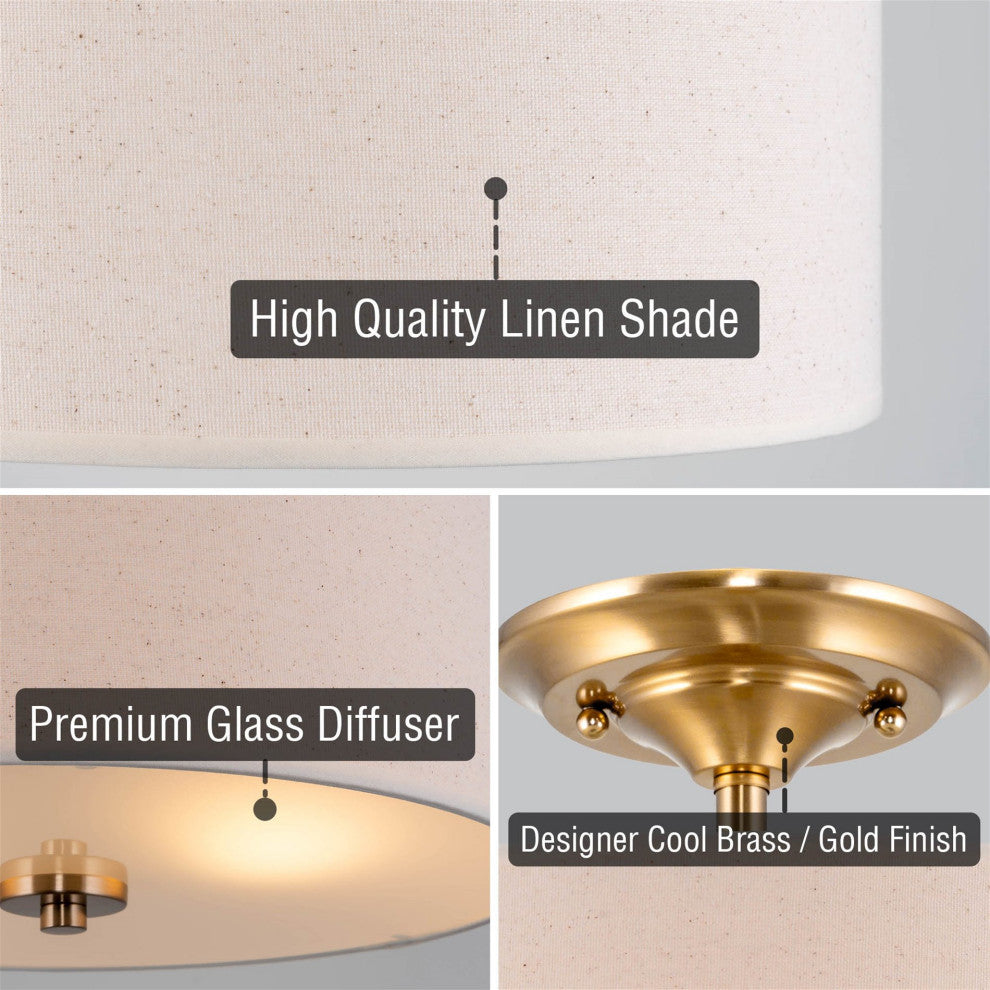 Kira Home Addison 13" Ceiling Light, Off-White Fabric Drum Shade, Cool Brass