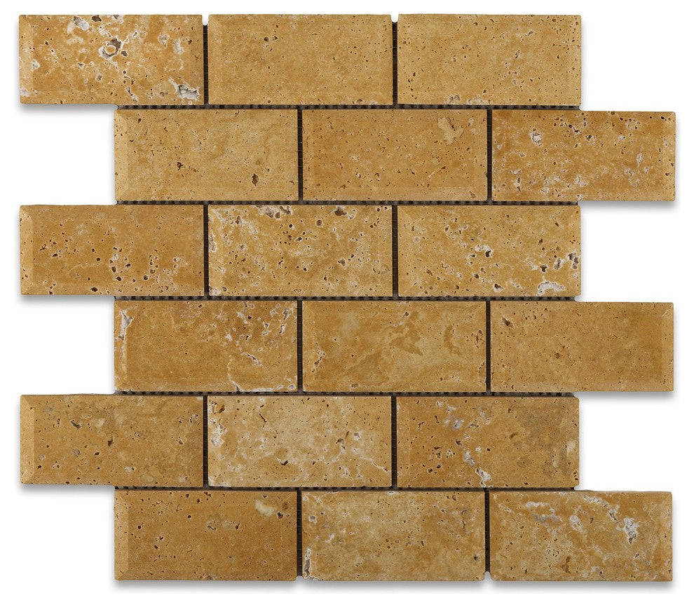 2 X 4 Gold / Yellow Travertine Honed & Beveled Brick Mosaic