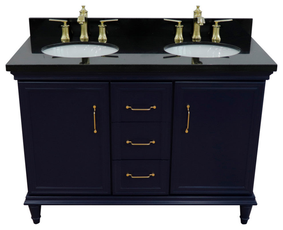 49" Double Vanity, Blue Finish With Black Galaxy And Oval Sink