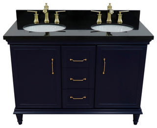 49" Double Vanity, Blue Finish With Black Galaxy And Oval Sink