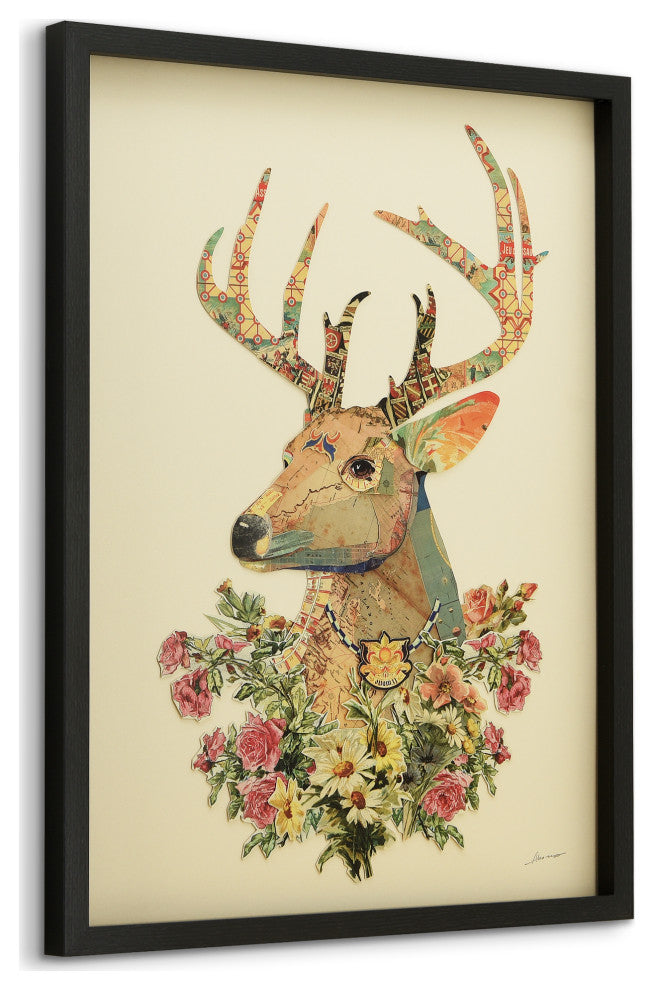 Mrs. Deer Dimensional Handmade Collage Wall Art Framed Under Glass