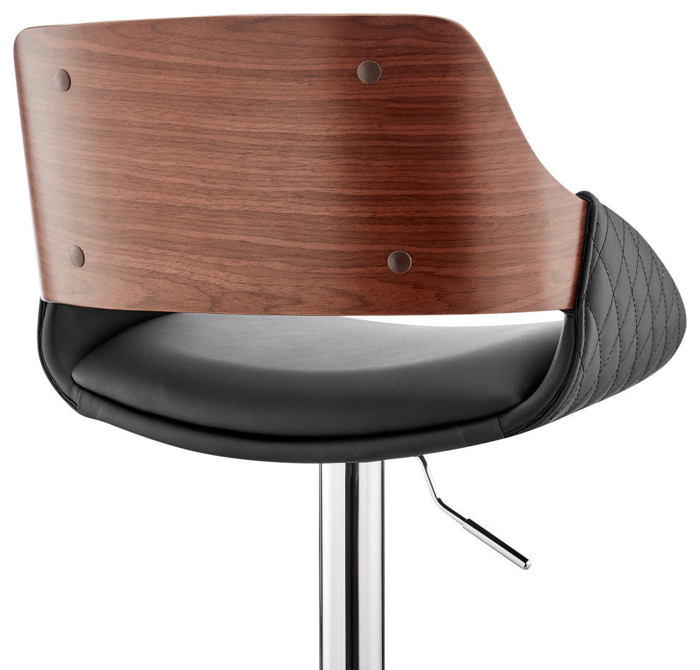 Colby Adjustable Faux Leather and Metal Bar Stool, Black and Chrome