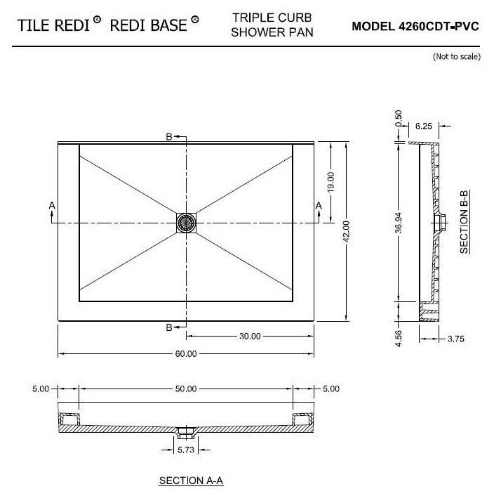 Tile Redi 4260CDT-PVC 42"x60" Triple Curb Shower Pan With Center PVC Drain