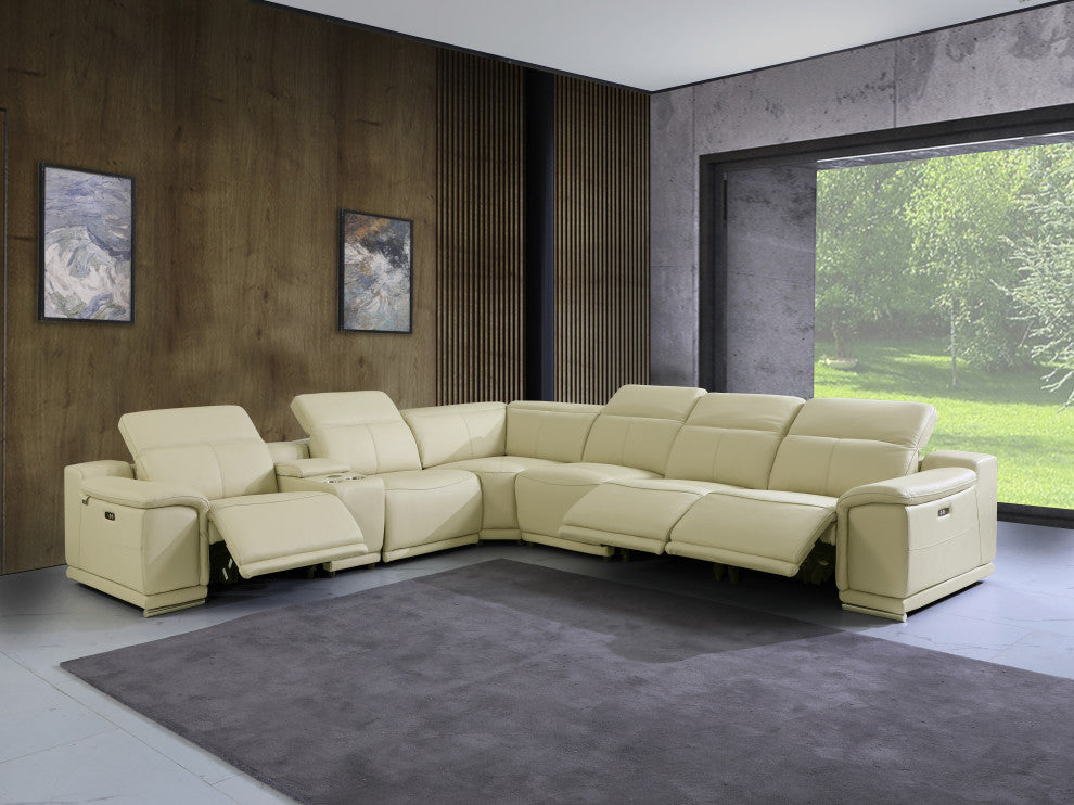 Federico 8-Piece L-Shaped Top Grain Italian Leather Sectional-3 Power Recliners, Beige