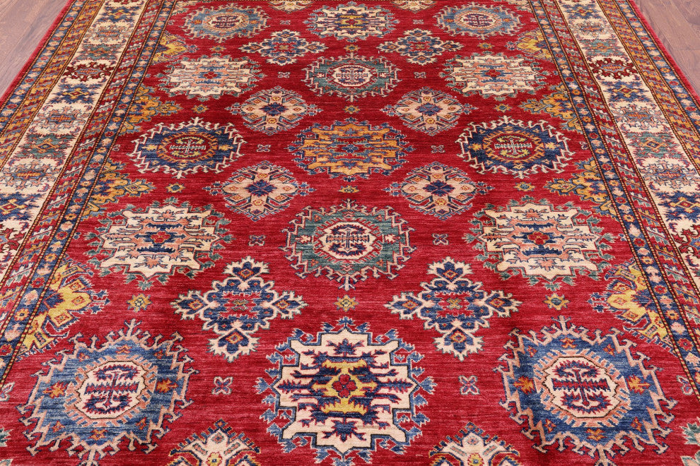 8' 0" X 9' 10" Geometric Super Kazak Hand Knotted Rug Q10606