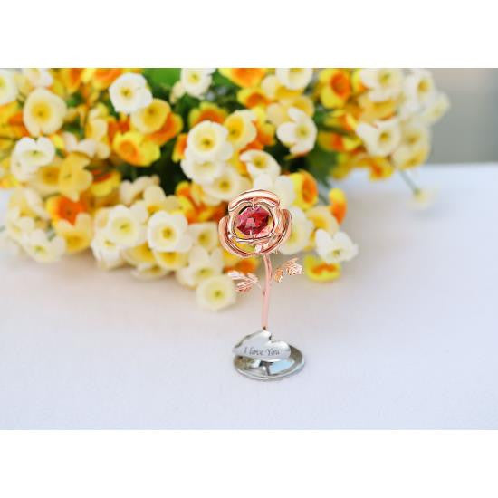 Matashi Rose Gold Plated Rose Flower Tabletop Ornament w Red Crystals Home Decor