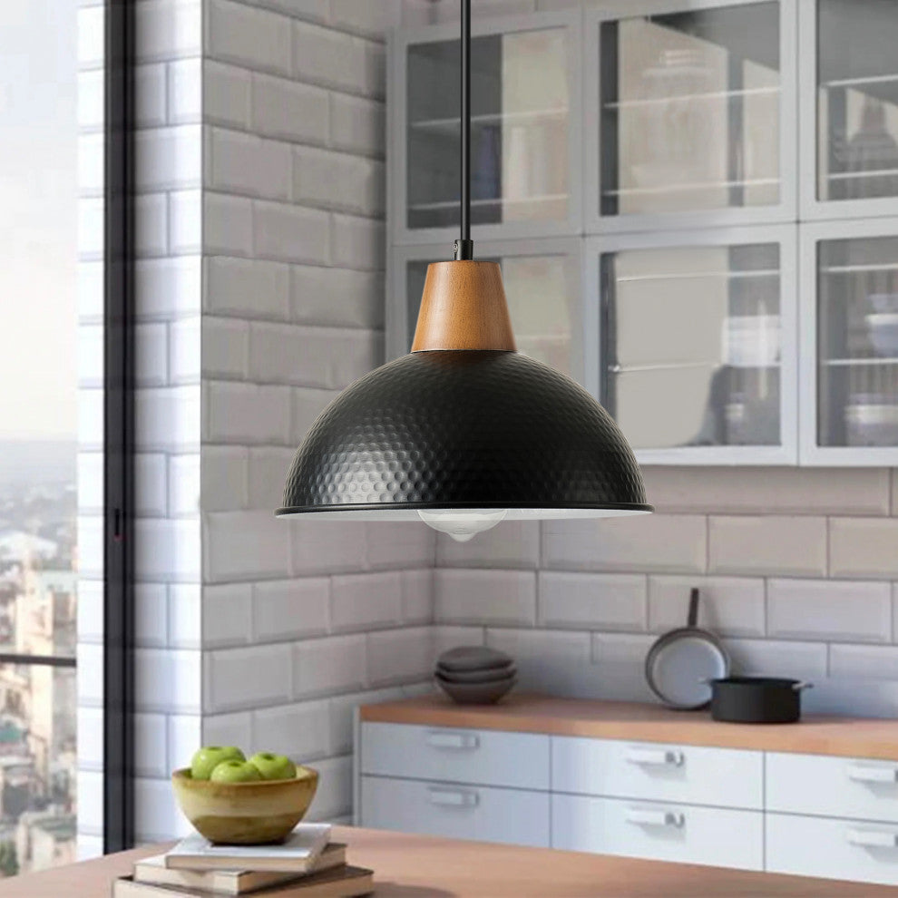 Industrial Farmhouse Pendant Light With Metal Shade and Wood Grain Design, Black