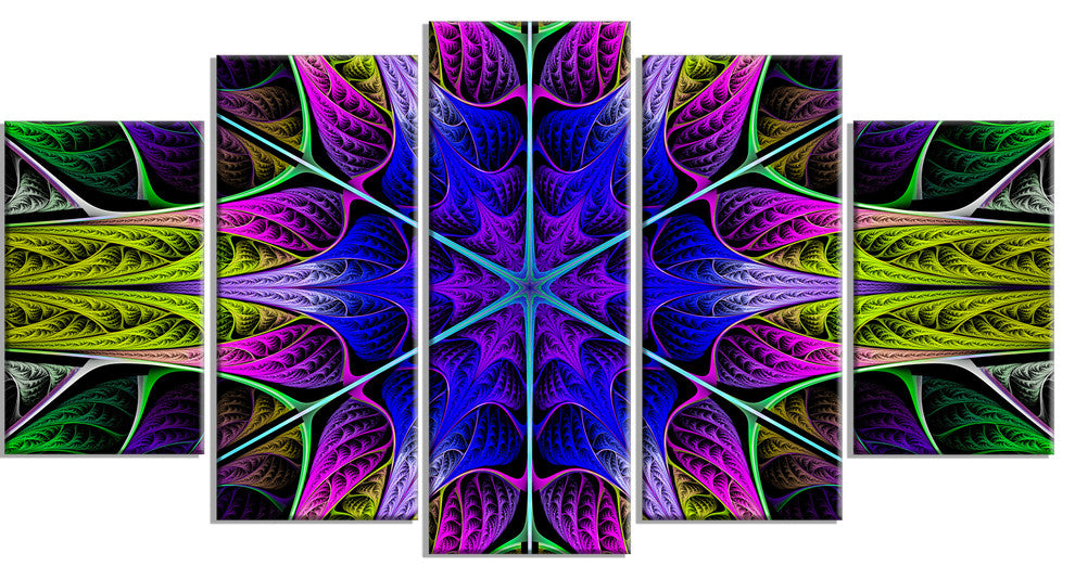 Star Shaped Blue Stained Glass, Contemporary Canvas Art Print, 60"x32", 5 Panels