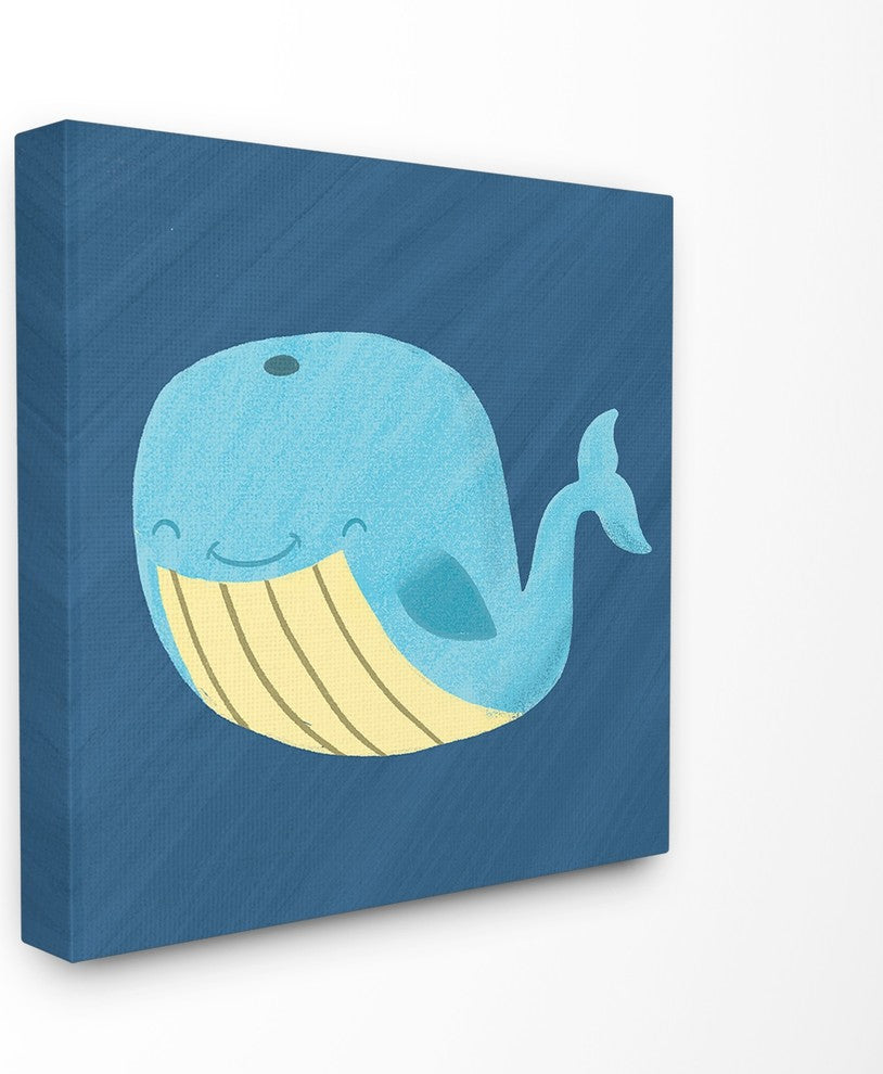 The Kids Room Happy Blue Whale on Blue Cartoon Canvas Wall Art, 7"x17"