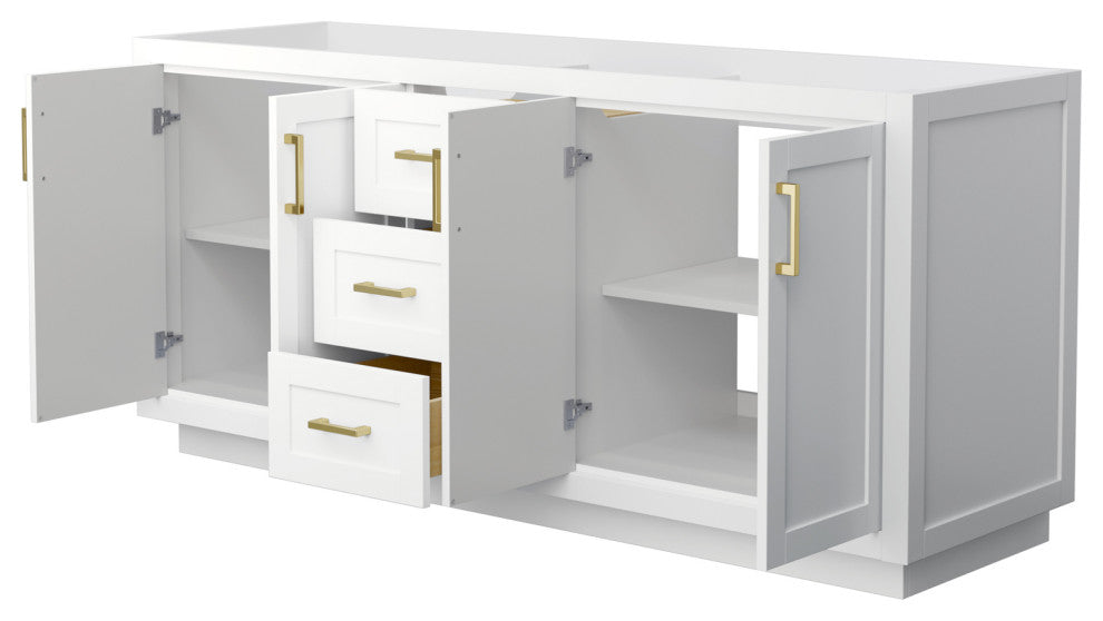 72" Double Bath Vanity, White, No Countertop, No Sink, Gold Trim