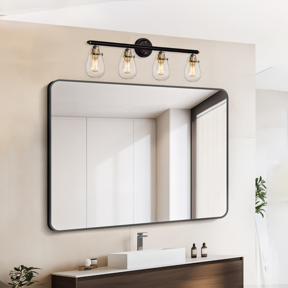 Ontario 4-Light Black and Antique Gold Vanity Light With Glass Shade