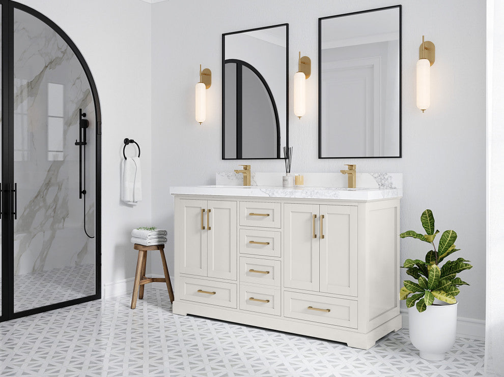 Boston 60" Double Bathroom Vanity in Alabaster 1.5" Empira Quartz