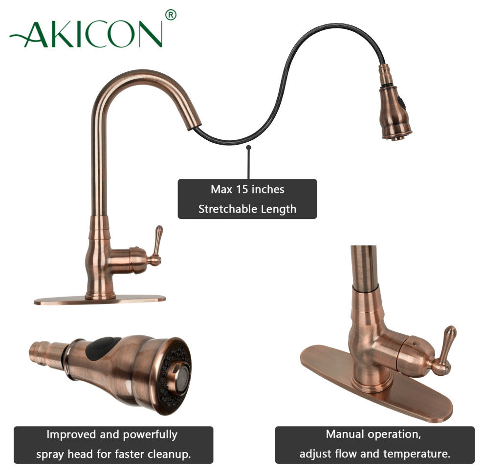 Pull Down Kitchen Faucet With Deck Plate, Single Level Solid Brass Sink Faucets,
