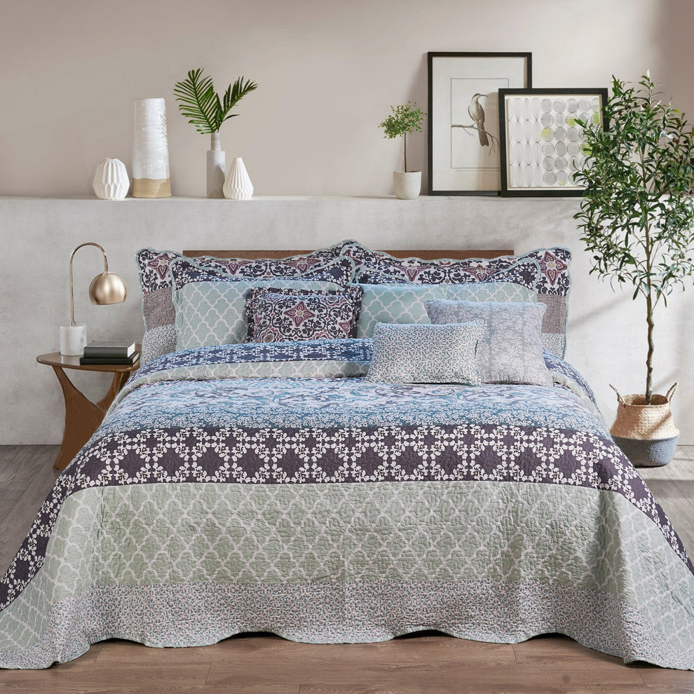 Royal Scroll 9-Piece Bedspread Set, Teal, Oversized King, 122"x106"