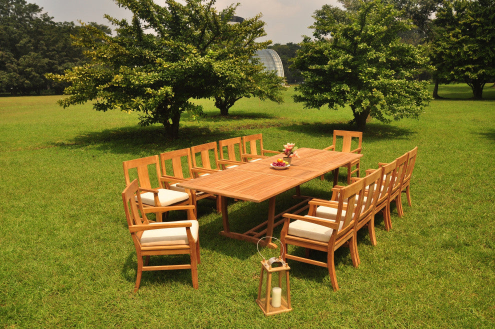 13-Piece Outdoor Teak Dining Set: 117" Masc Rectangle Table, 12 Osbo Arm Chairs