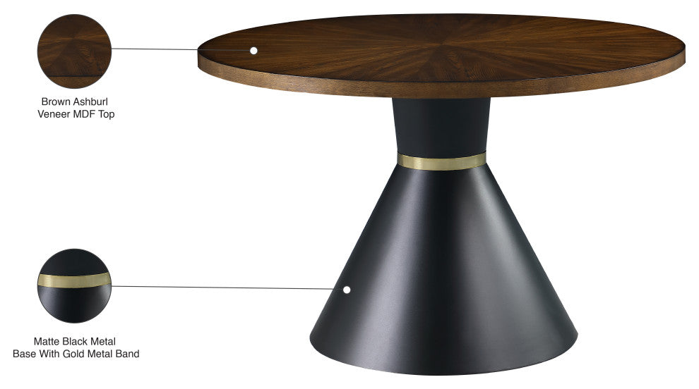 Sheridan Brown Ashburl Veneer Wood Top Dining Table with Matte Black Metal Base