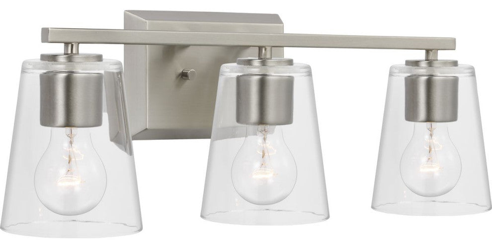 Vertex Collection Three-Light Brushed Nickel Clear Glass Contemporary Bath Light