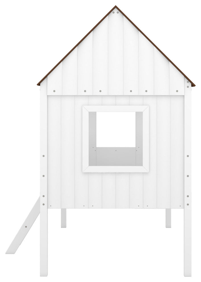 Gewnee Twin Size Low Loft Wood House Bed with Two Side Windows
