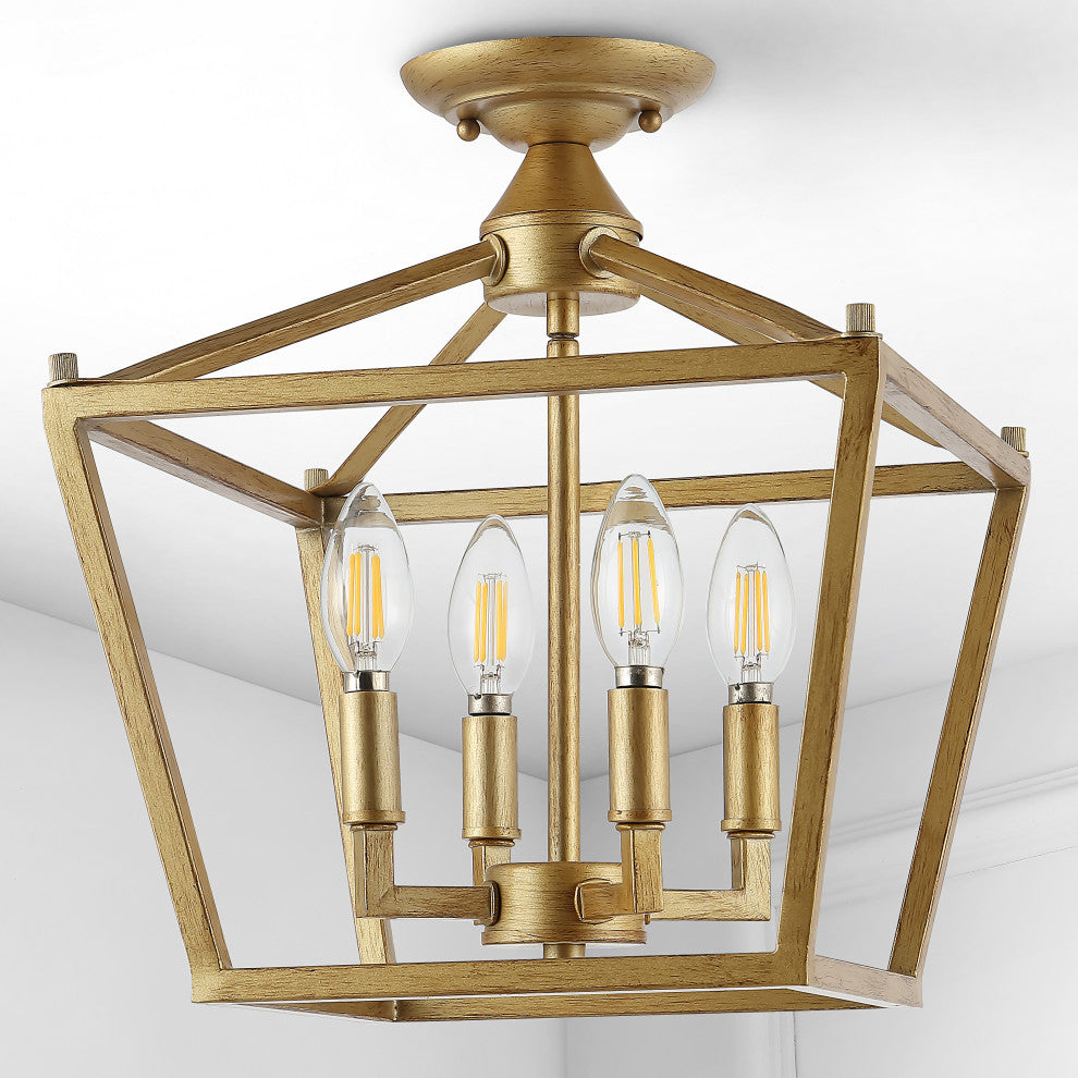Plains Mini Lantern 12" 4-Light Iron Farmhouse LED Flush Mount, Brass Gold