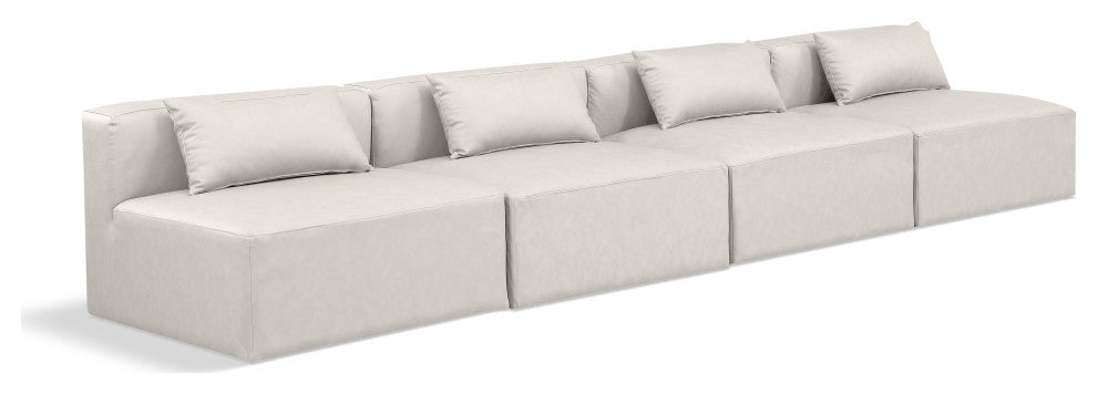 Cube Upholstered Modular Sofa, Cream, 4-Piece: 4 Armless Chair, Vegan Leather