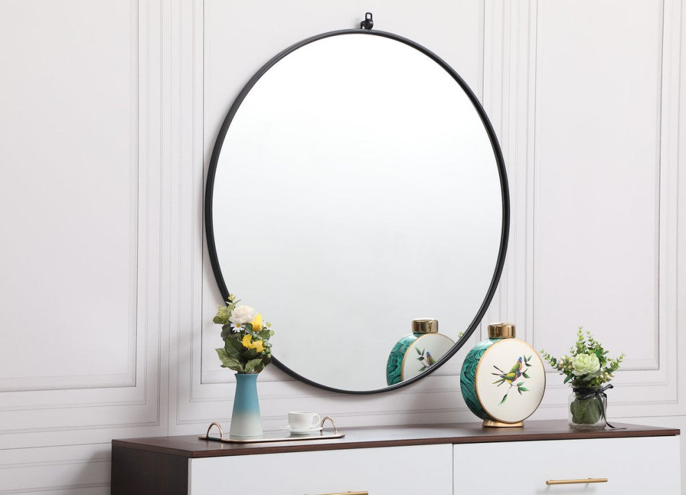 Home Living Metal Frame Round Mirror With Decorative Hook 39", Black