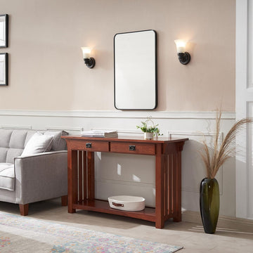Mission Style Console Table in Medium Oak with Slatted Sides & 2 Drawers