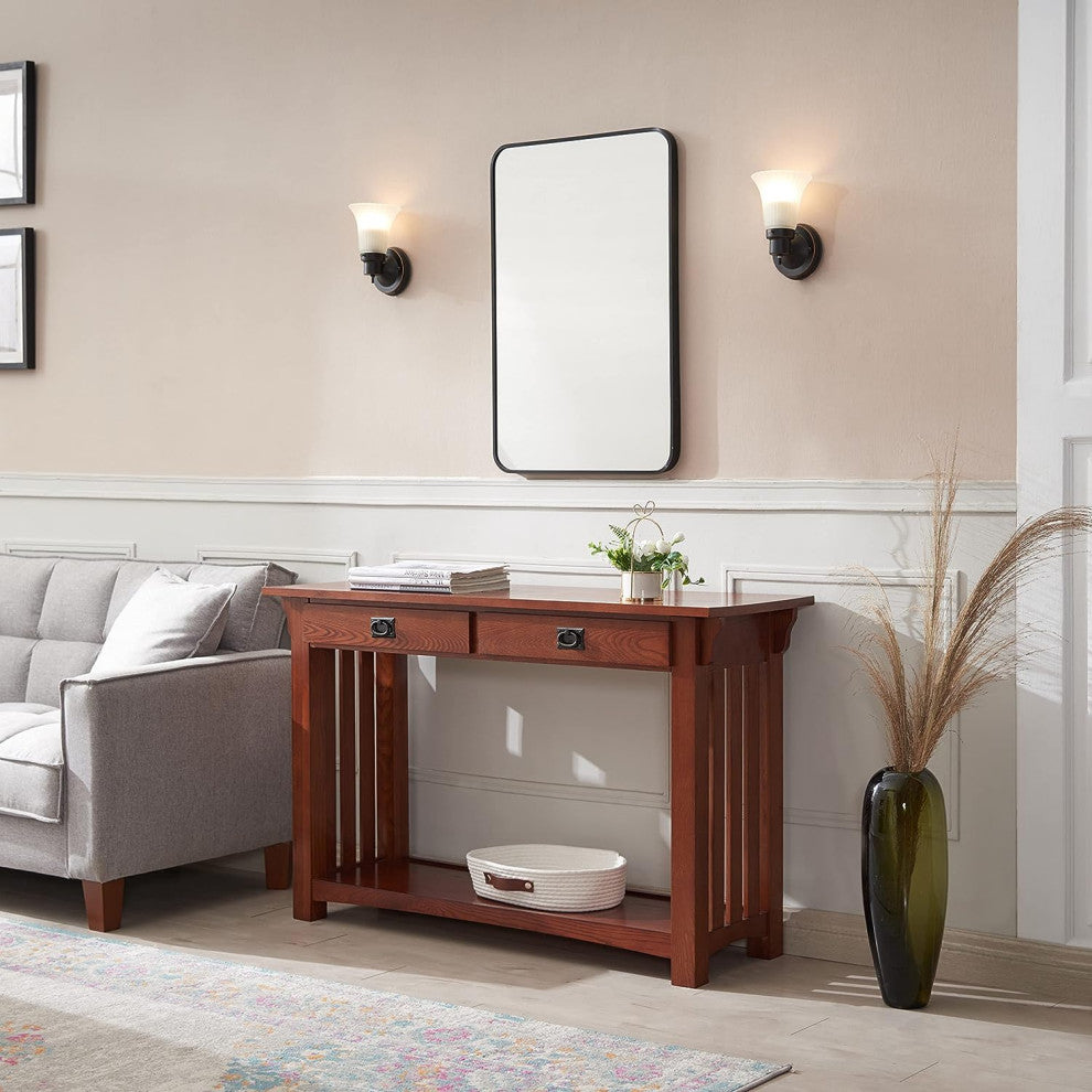 Mission Style Console Table in Medium Oak with Slatted Sides & 2 Drawers