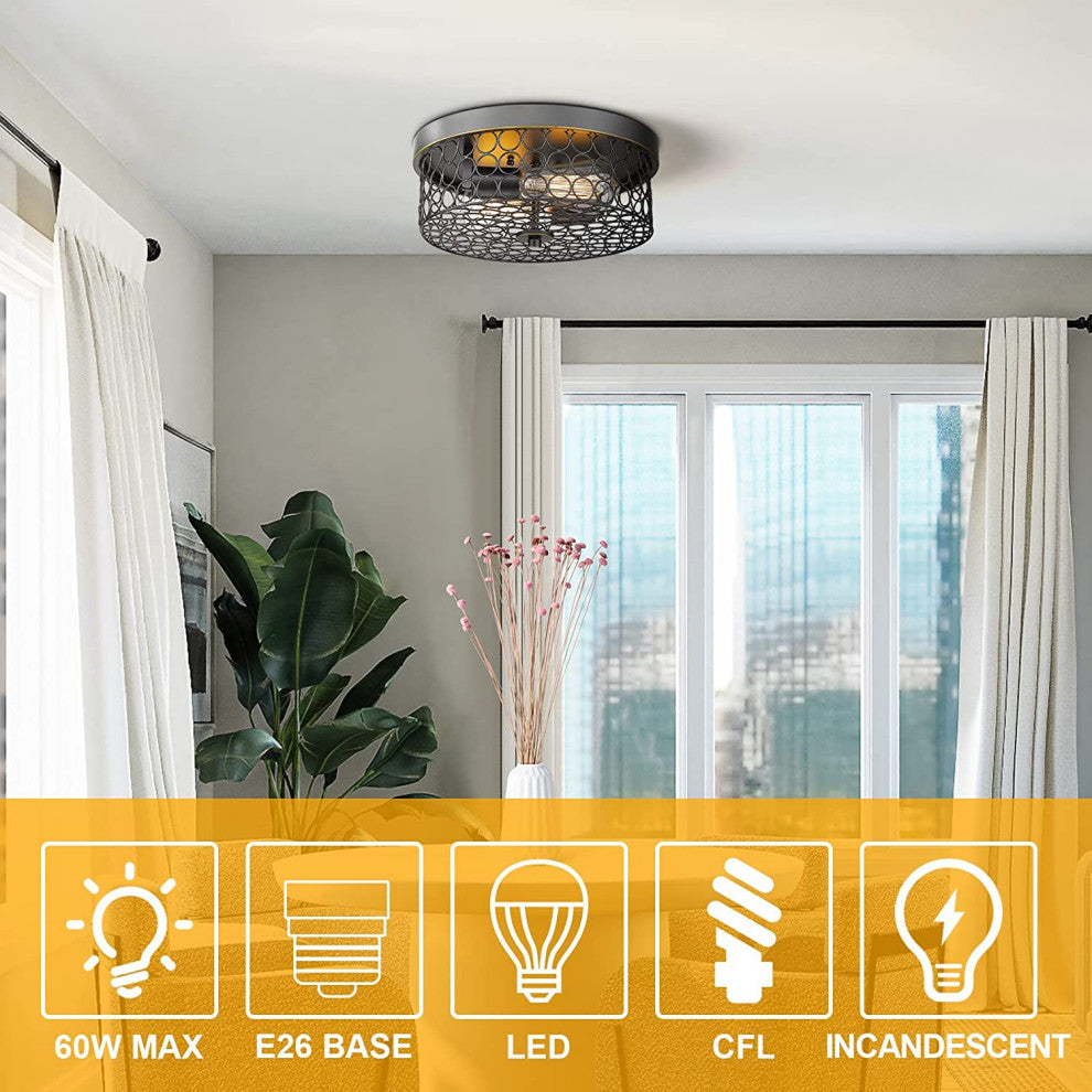 2 Light Rust Flush Mount Ceiling Light, Vintage, Black Mesh Cage