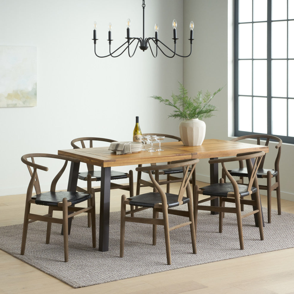 Egan Farmhouse Acacia Wood and Faux Leather 7 Piece Dining Set, Black + Antique + Rustic Metal + Natural Stained