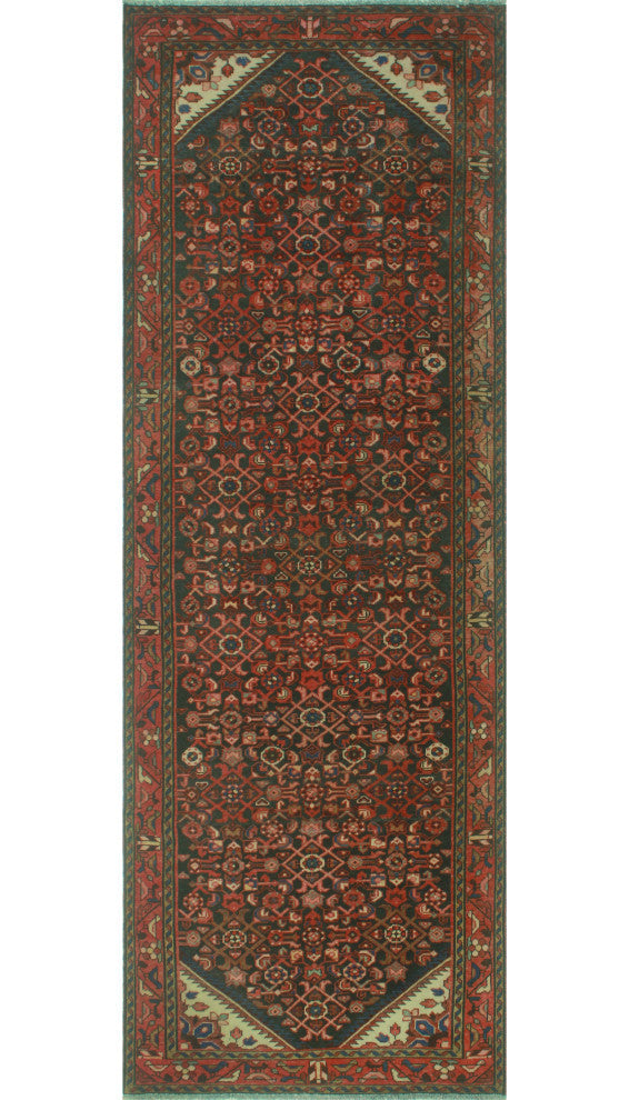 Fine Vintage Distressed Sandugas Charcoal/Rust Runner, 3'6x10'0