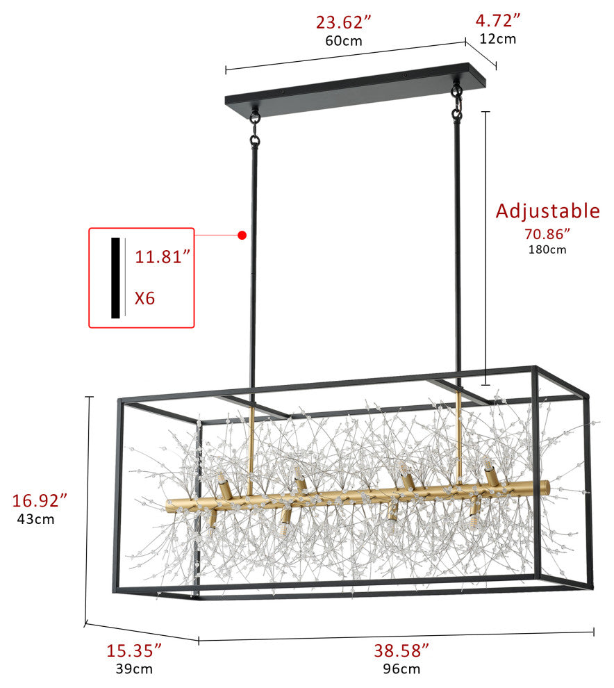 Farmhouse 12-Light Rectangle Kitchen Island Chandelier with Crystal Branch, Black