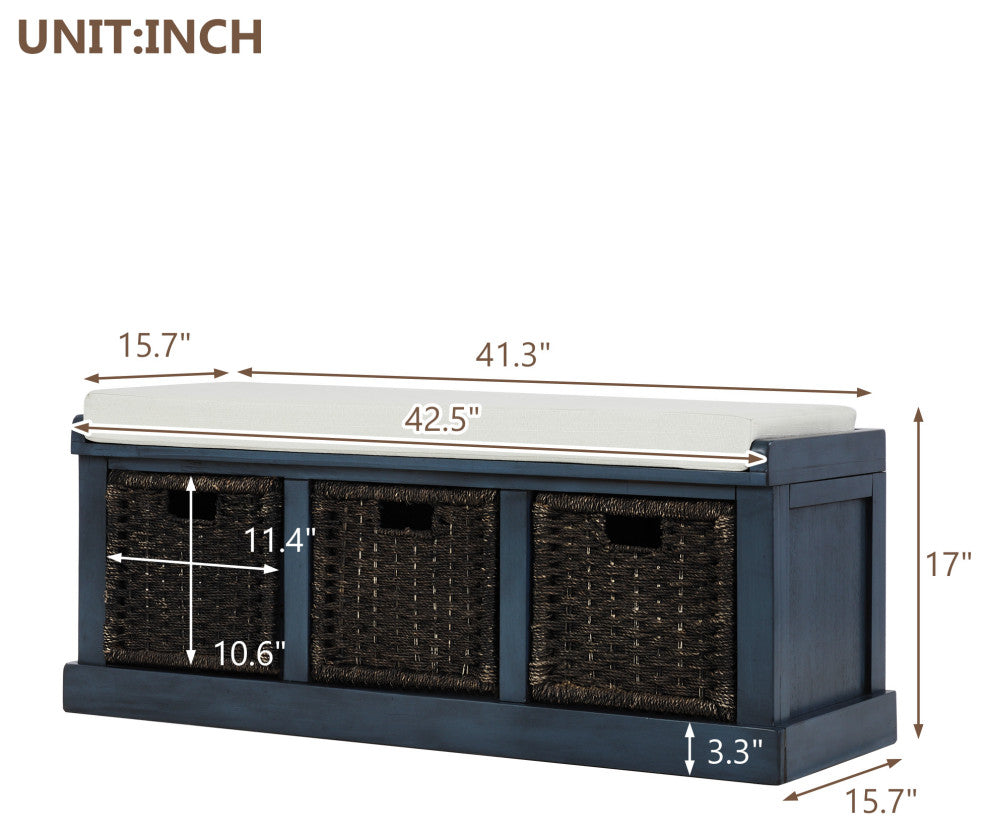 Storage Bench with Fabric Basket , with Removable Cushion